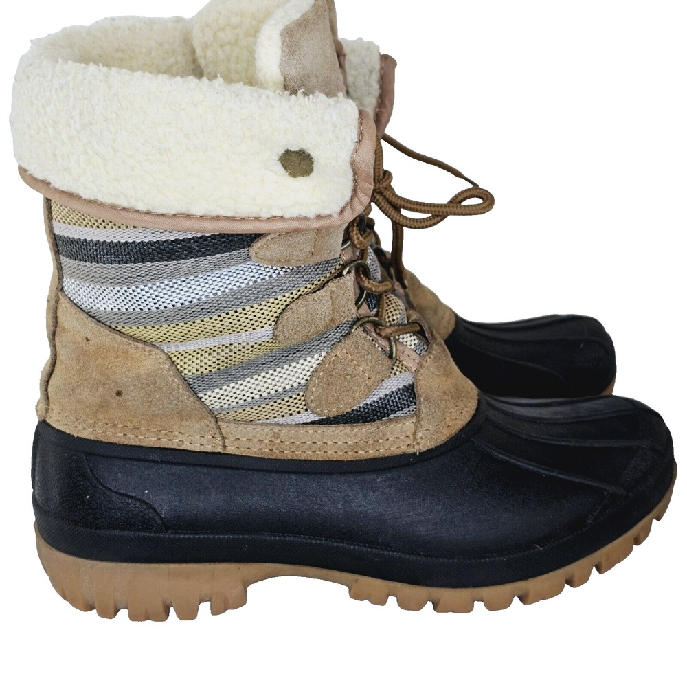 STQ Winter Duck Boots Women's Size 8 Black Tan Striped Faux Fur Lined ST20017W